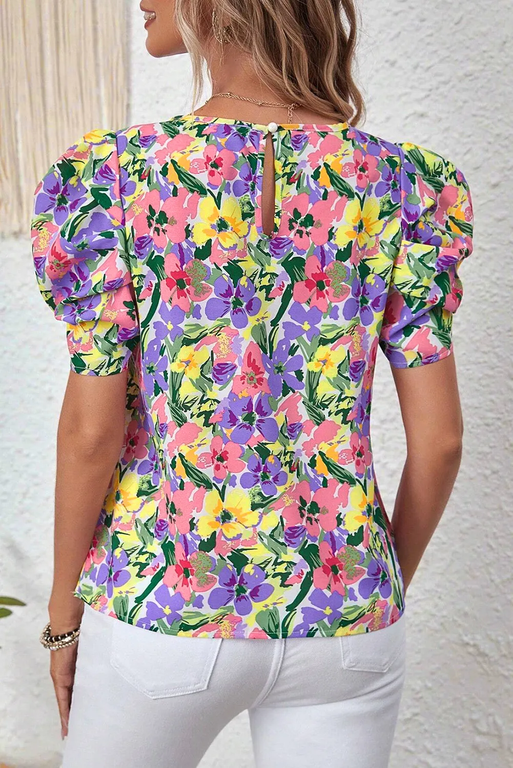 Purple Floral Print Puff Short Sleeve Crew Neck Blouse sold by Beagle Boutique product image thumbnail 2