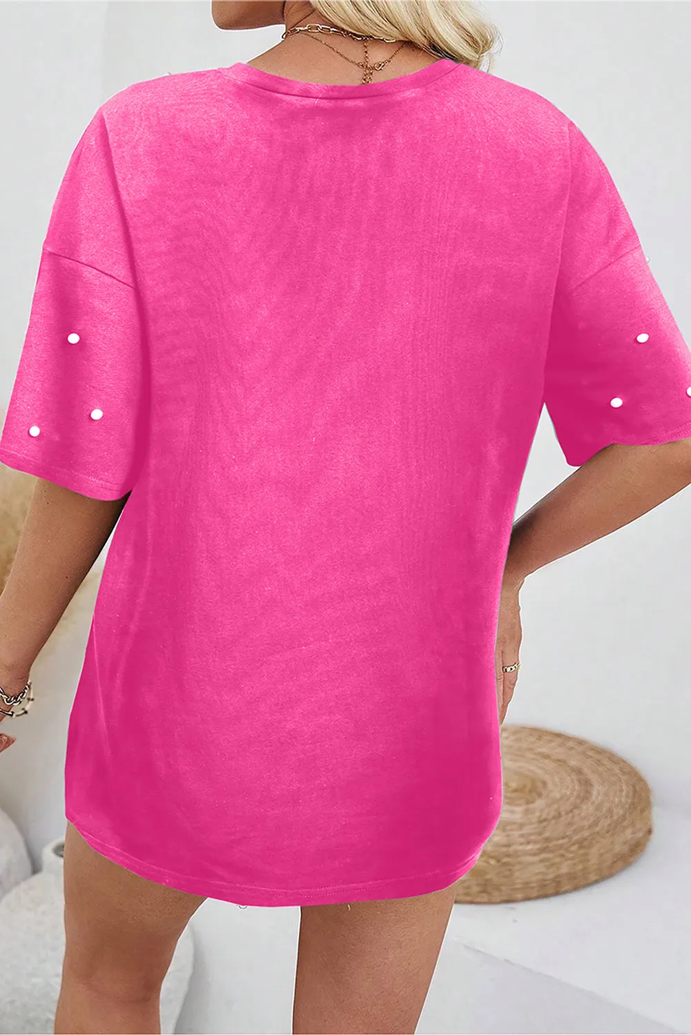 Bright Pink Pearl Beaded Drop Shoulder Crewneck T Shirt sold by Beagle Boutique product image thumbnail 2