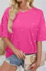 Bright Pink Pearl Beaded Drop Shoulder Crewneck T Shirt sold by Beagle Boutique