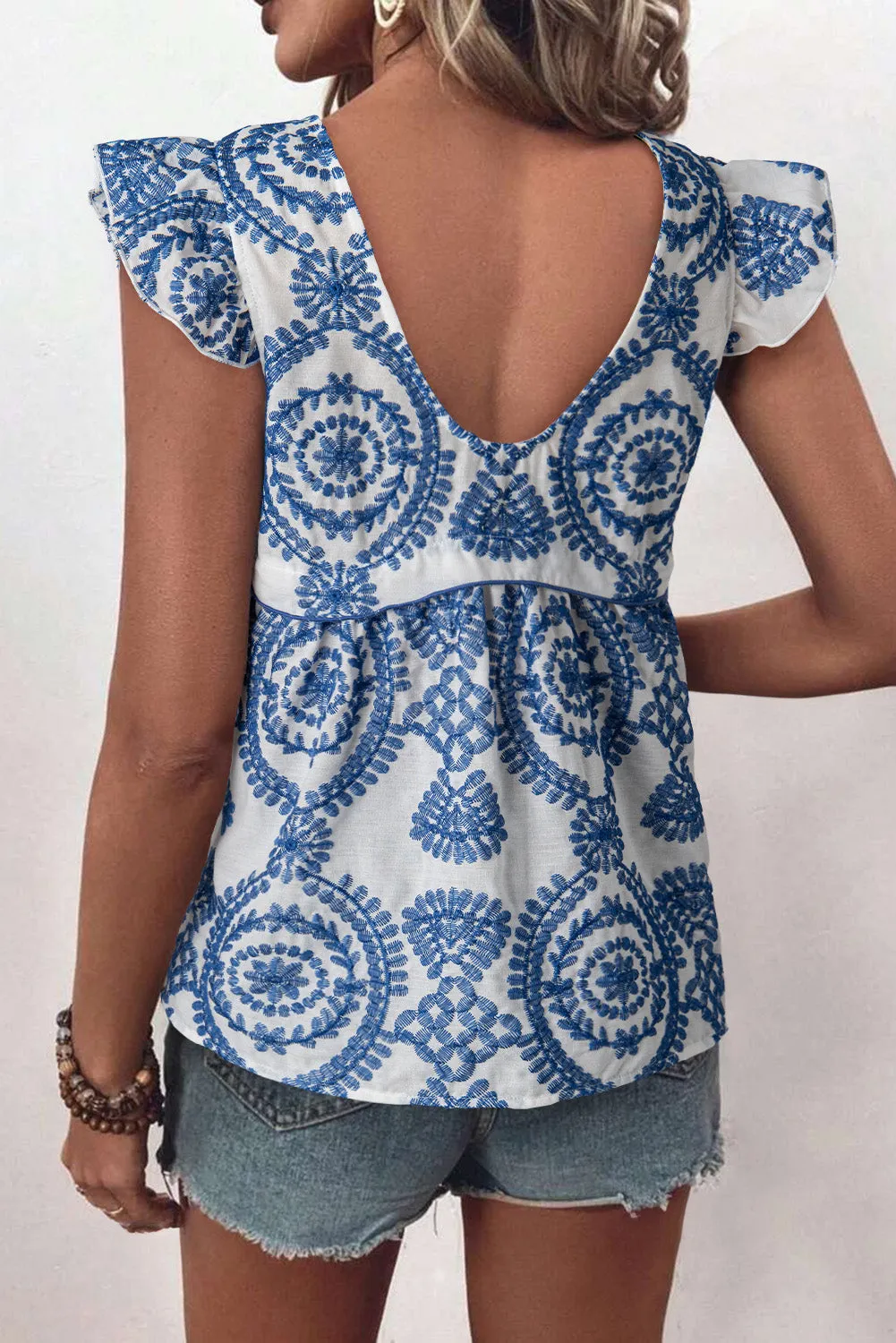 Blue Boho Print Flutter Sleeve Crew Neck Blouse sold by Beagle Boutique product image thumbnail 2