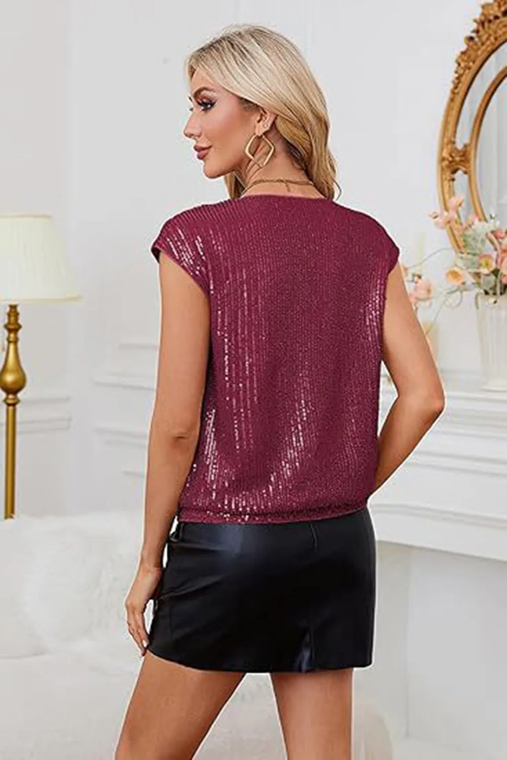 Red Dahlia Sequins V-Neck Slimming Plain Top sold by Beagle Boutique product image thumbnail 2