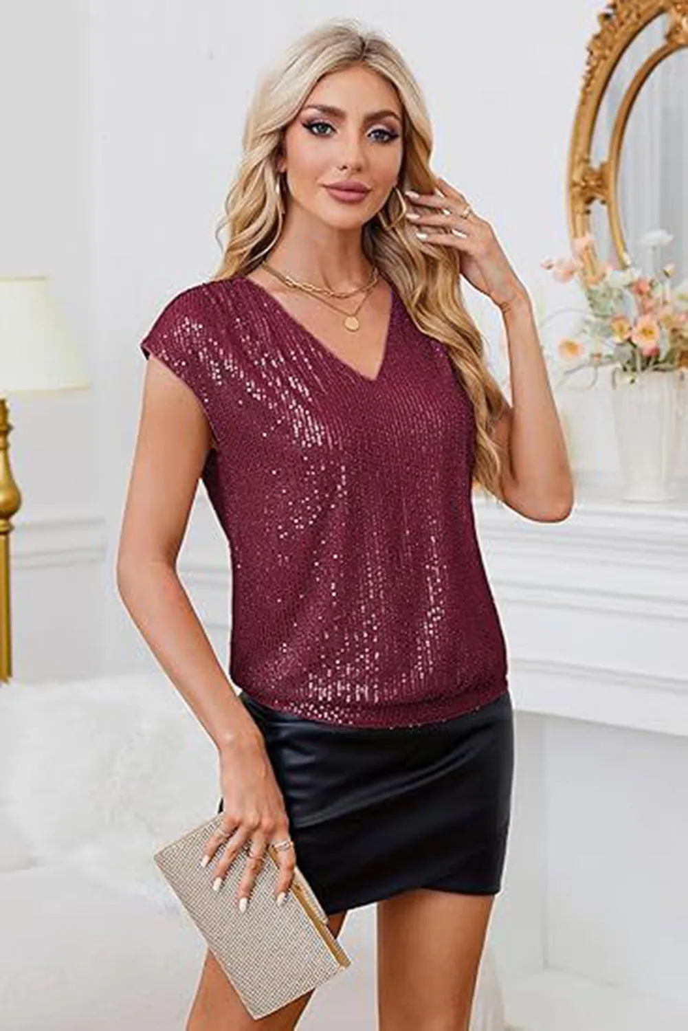 Red Dahlia Sequins V-Neck Slimming Plain Top sold by Beagle Boutique product image thumbnail 3