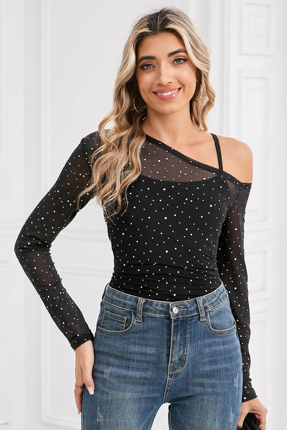 Black Asymmetric Neck Sequins Sheer Mesh Top sold by Beagle Boutique