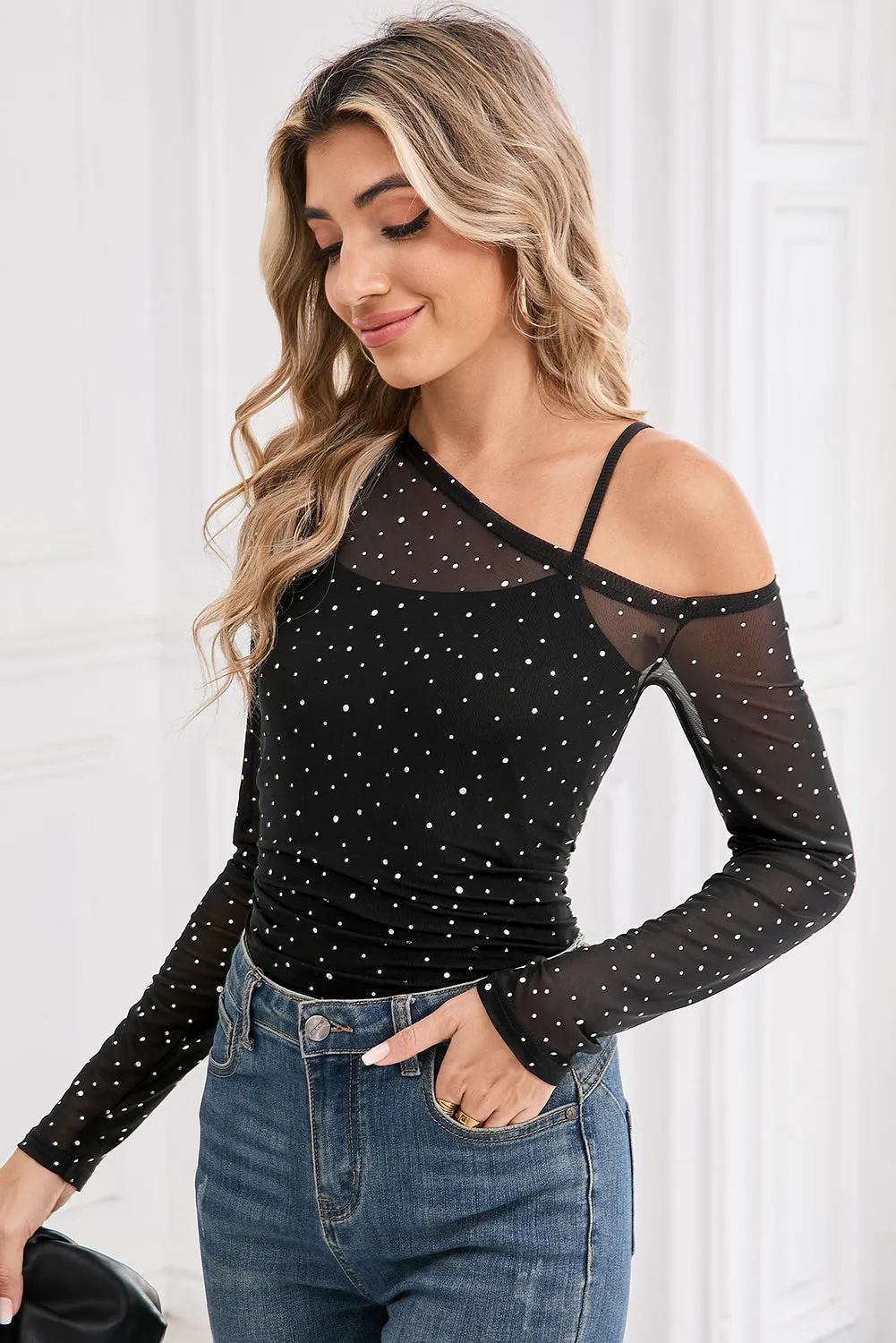 Black Asymmetric Neck Sequins Sheer Mesh Top sold by Beagle Boutique product image thumbnail 4