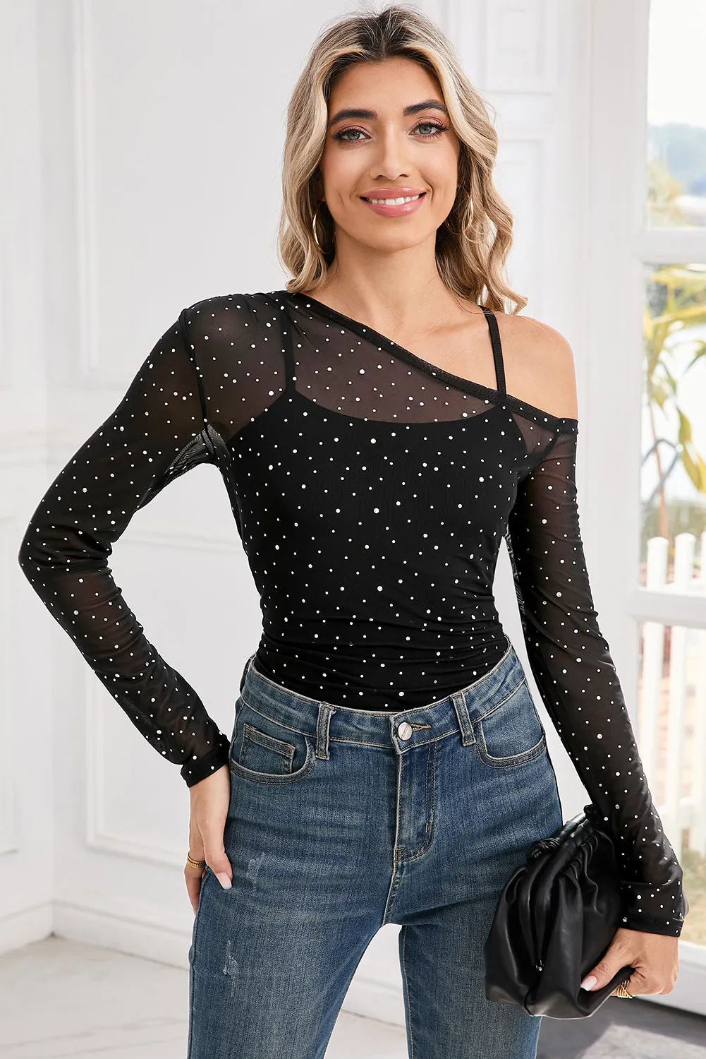 Black Asymmetric Neck Sequins Sheer Mesh Top sold by Beagle Boutique product image thumbnail 5