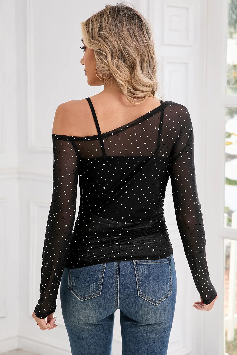 Black Asymmetric Neck Sequins Sheer Mesh Top sold by Beagle Boutique product image thumbnail 2