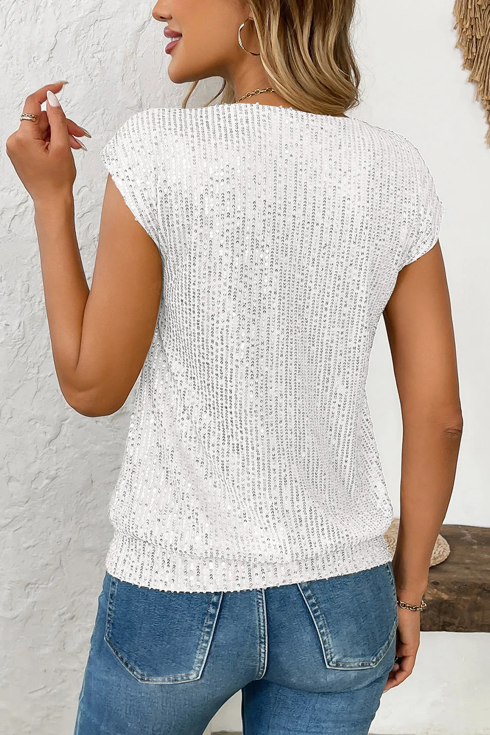 White V-Neck Sequin Short Sleeve Top sold by Beagle Boutique product image thumbnail 3