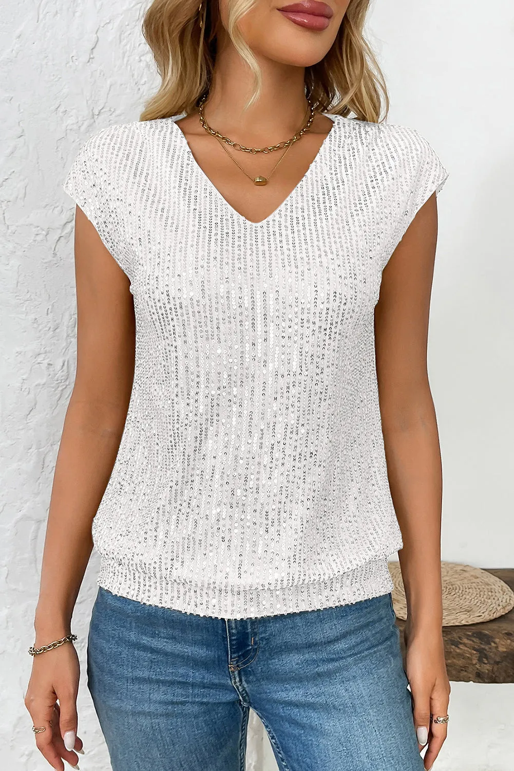 White V-Neck Sequin Short Sleeve Top sold by Beagle Boutique