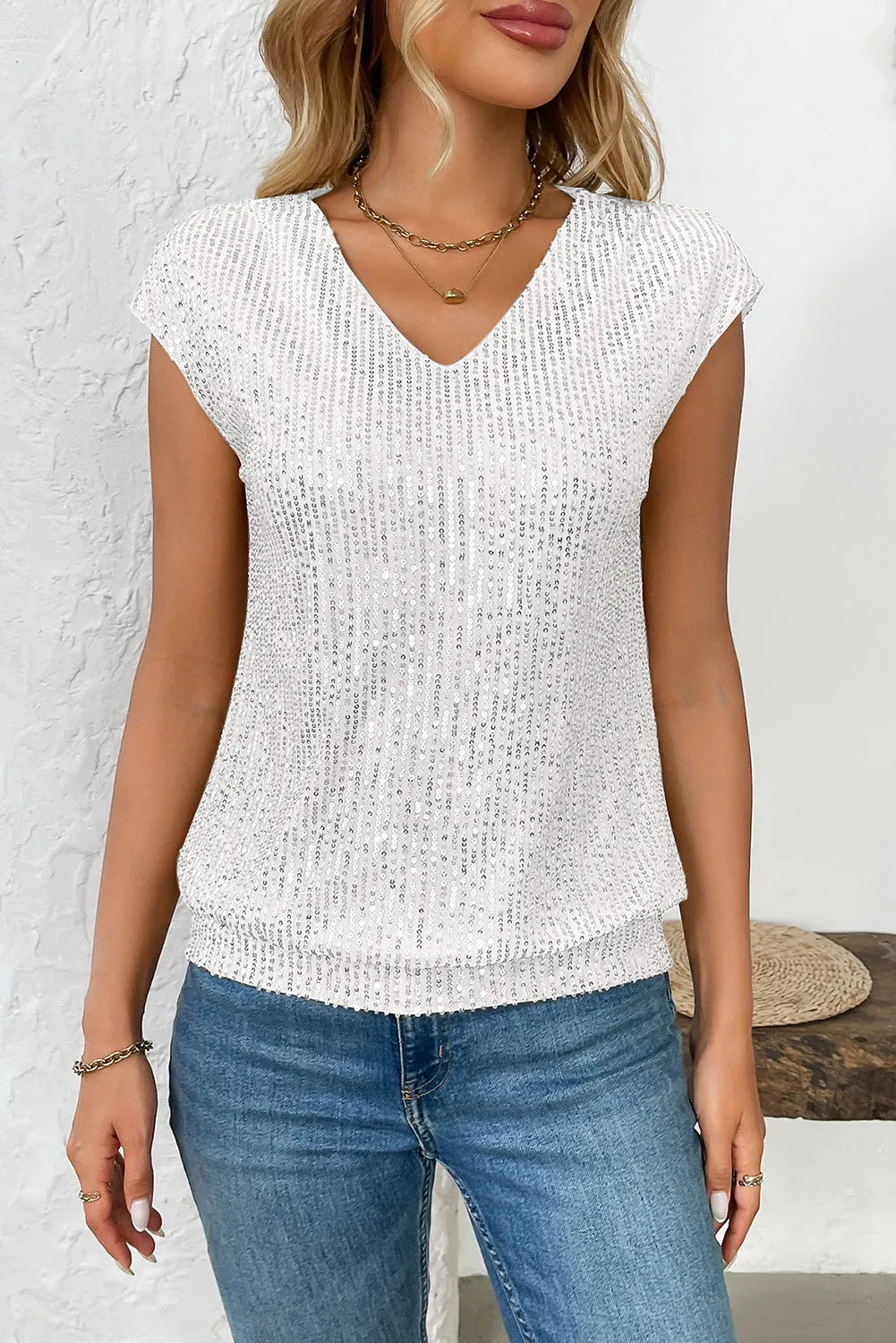 White V-Neck Sequin Short Sleeve Top sold by Beagle Boutique product image thumbnail 5