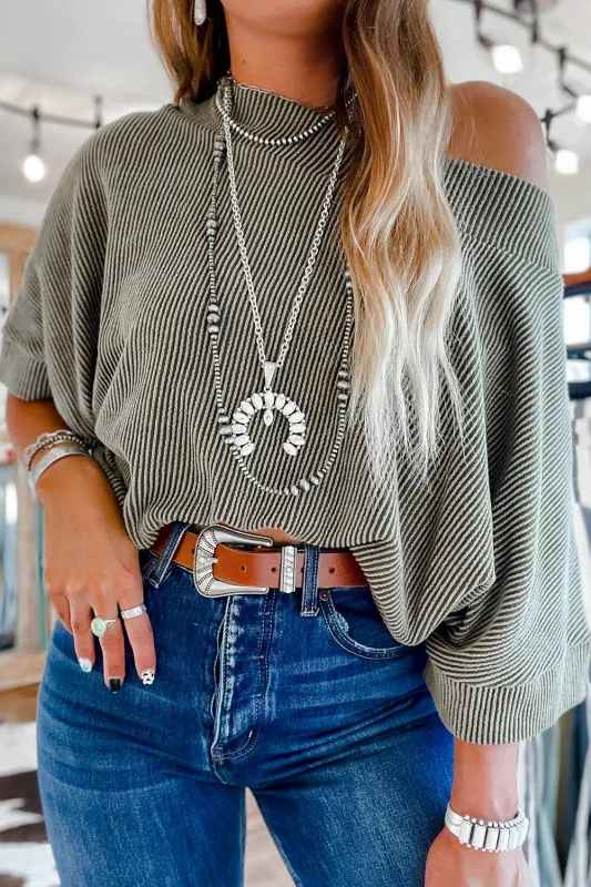 Gray Boatneck Batwing Sleeve Cording Blouse sold by Beagle Boutique