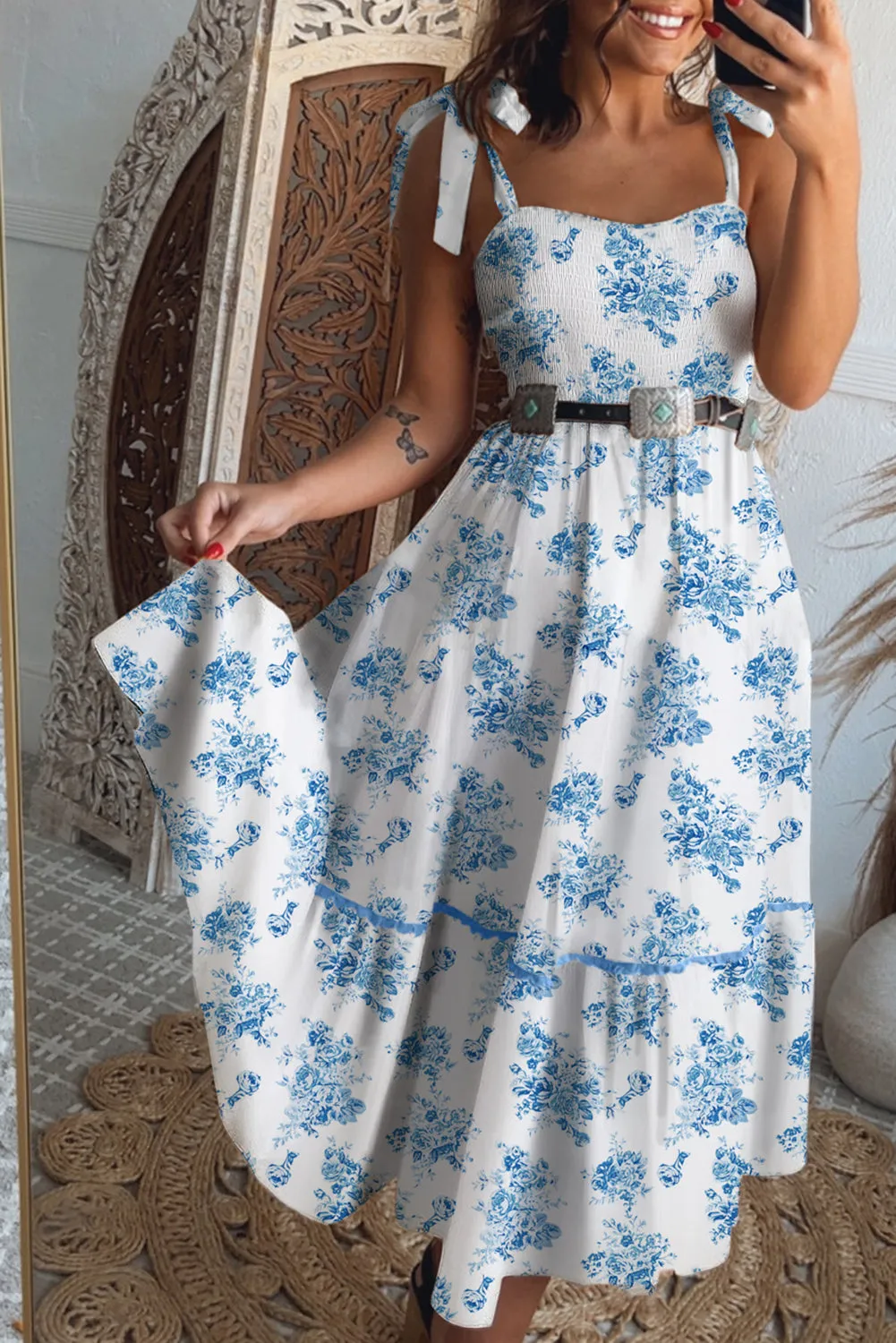 Sky Blue Floral Print Shirred Knot Shoulder Sleeveless Long Dress sold by Beagle Boutique