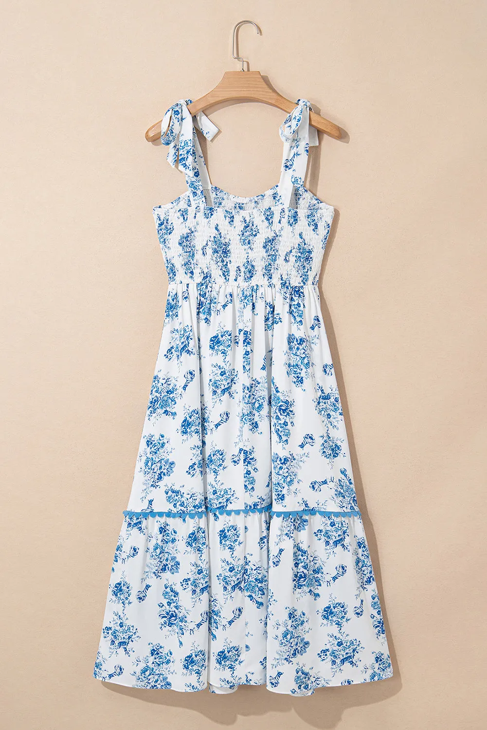 Sky Blue Floral Print Shirred Knot Shoulder Sleeveless Long Dress sold by Beagle Boutique product image thumbnail 4