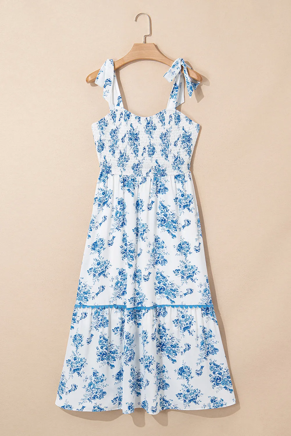 Sky Blue Floral Print Shirred Knot Shoulder Sleeveless Long Dress sold by Beagle Boutique product image thumbnail 3