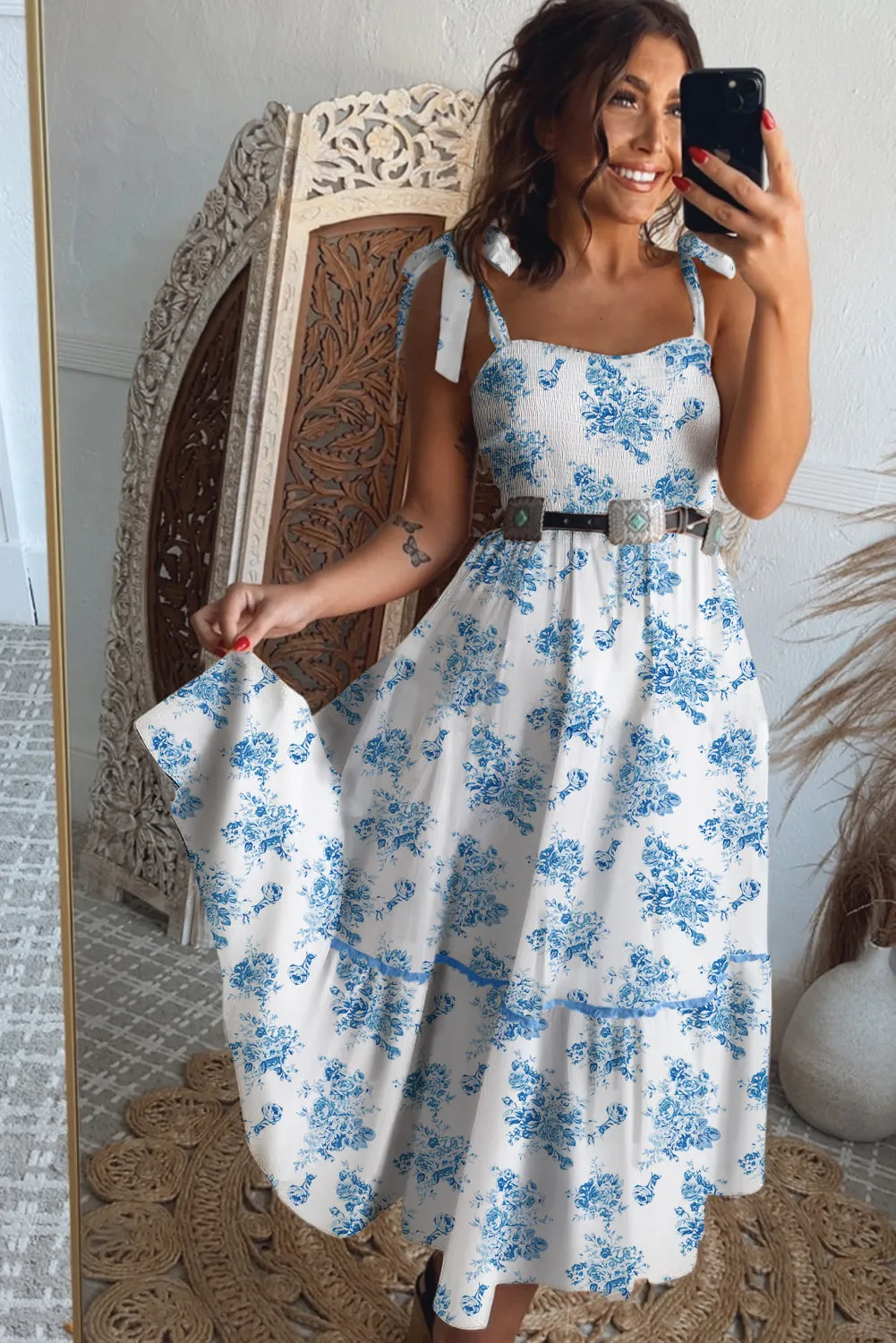 Sky Blue Floral Print Shirred Knot Shoulder Sleeveless Long Dress sold by Beagle Boutique product image thumbnail 2