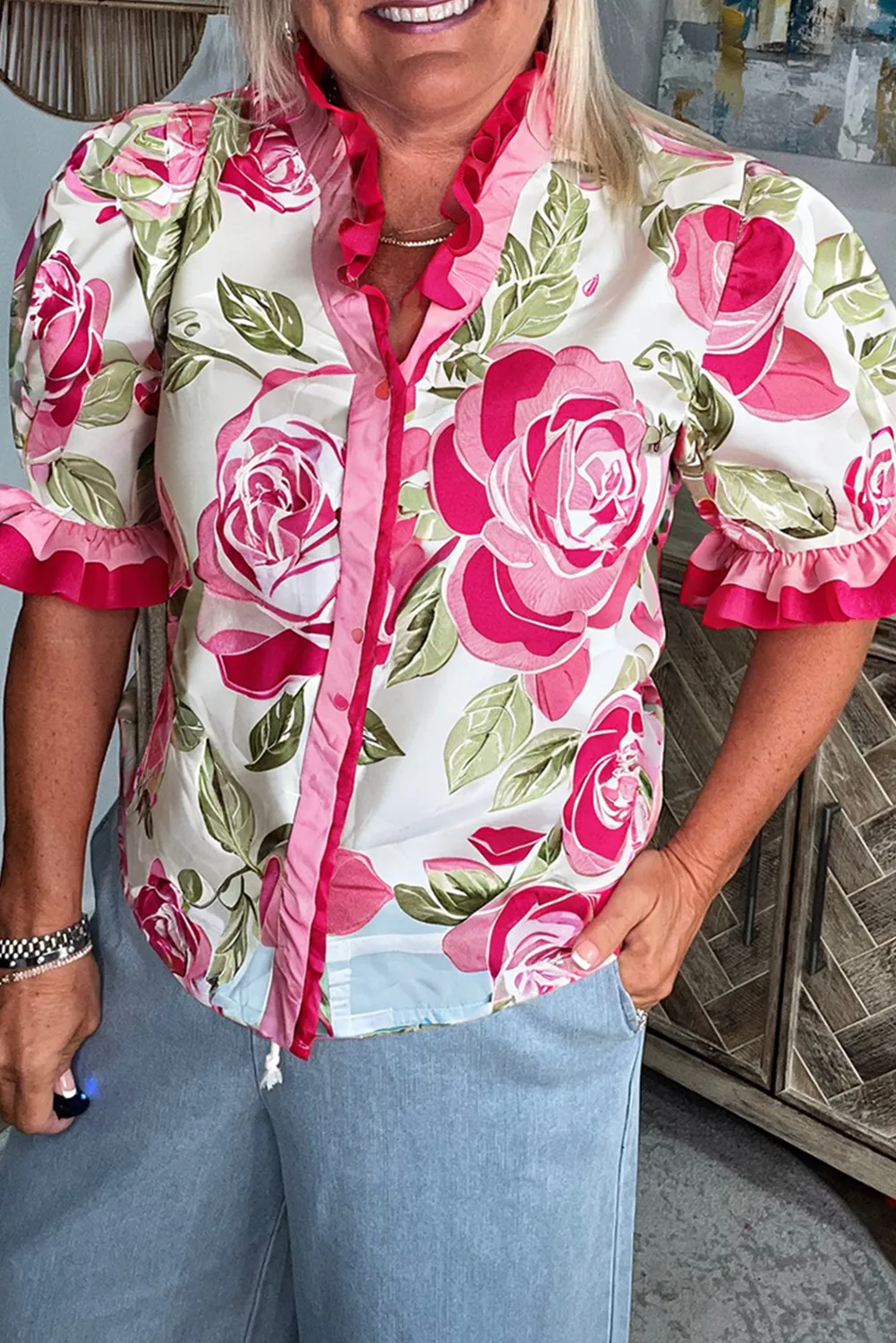 Rose Plus Size Floral Print Frilled Stripes Detail Short Sleeve Blouse sold by Beagle Boutique