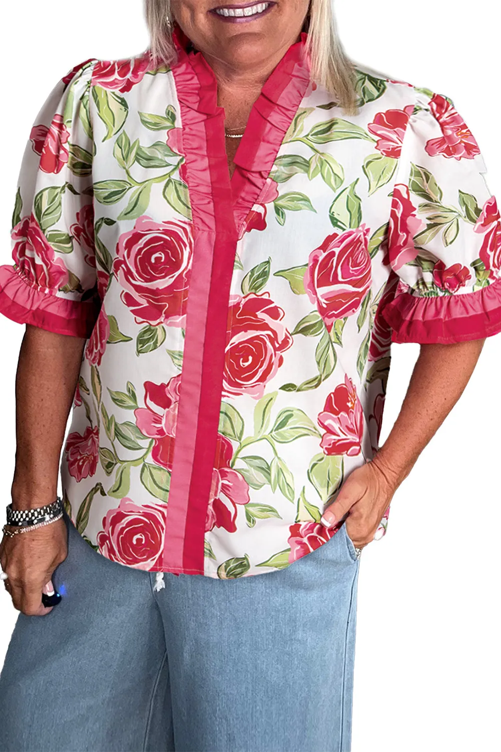 Rose Plus Size Floral Print Frilled Stripes Detail Short Sleeve Blouse sold by Beagle Boutique product image thumbnail 2
