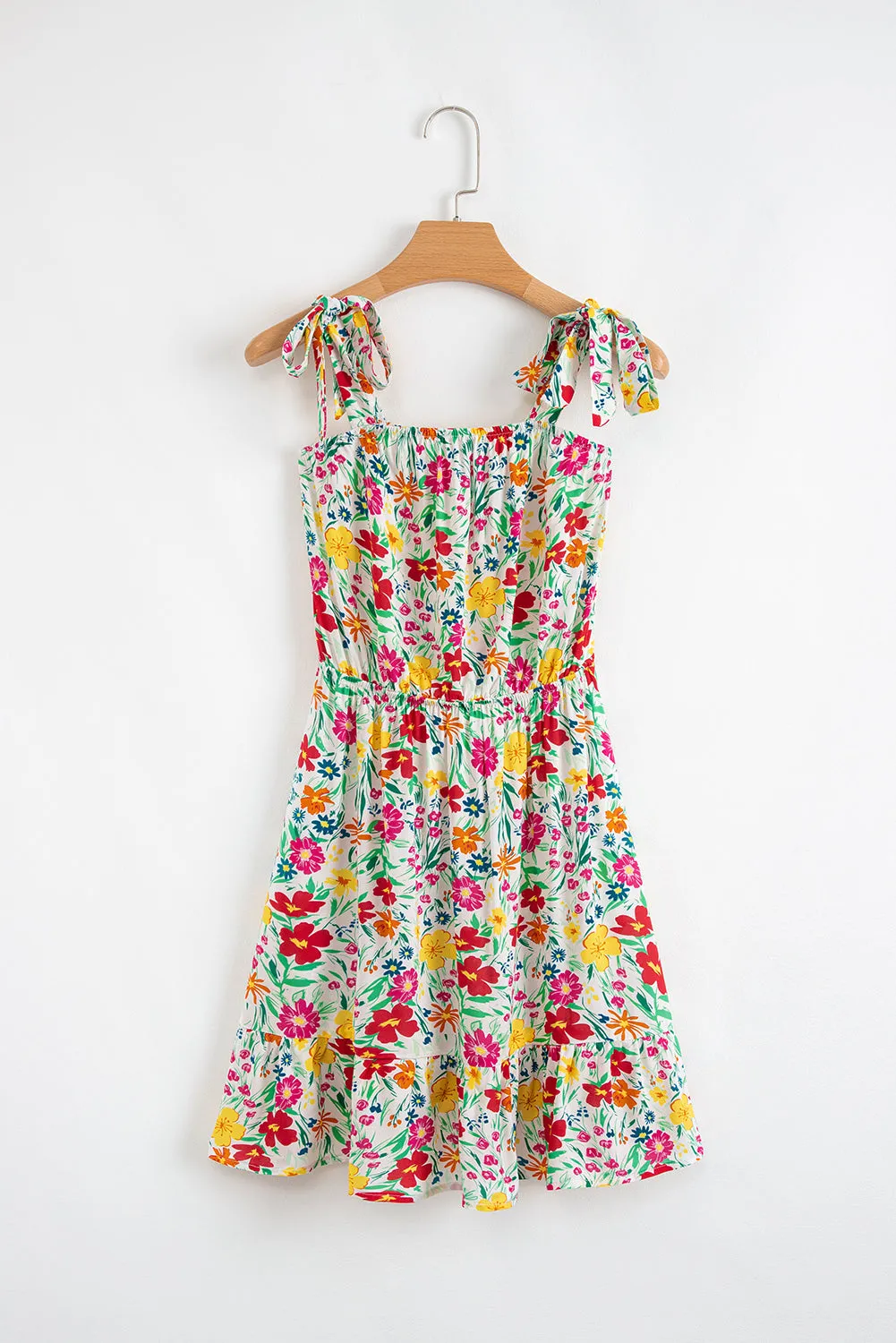 Floral Knotted Straps Cinched Waist Ruffle Hem Mini Dress sold by Beagle Boutique product image thumbnail 5
