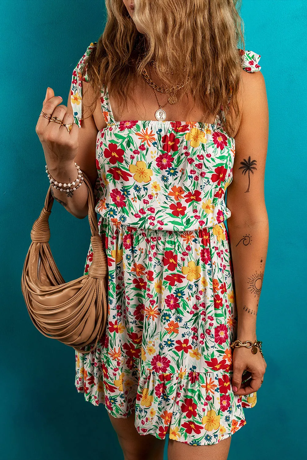 Floral Knotted Straps Cinched Waist Ruffle Hem Mini Dress sold by Beagle Boutique product image thumbnail 3