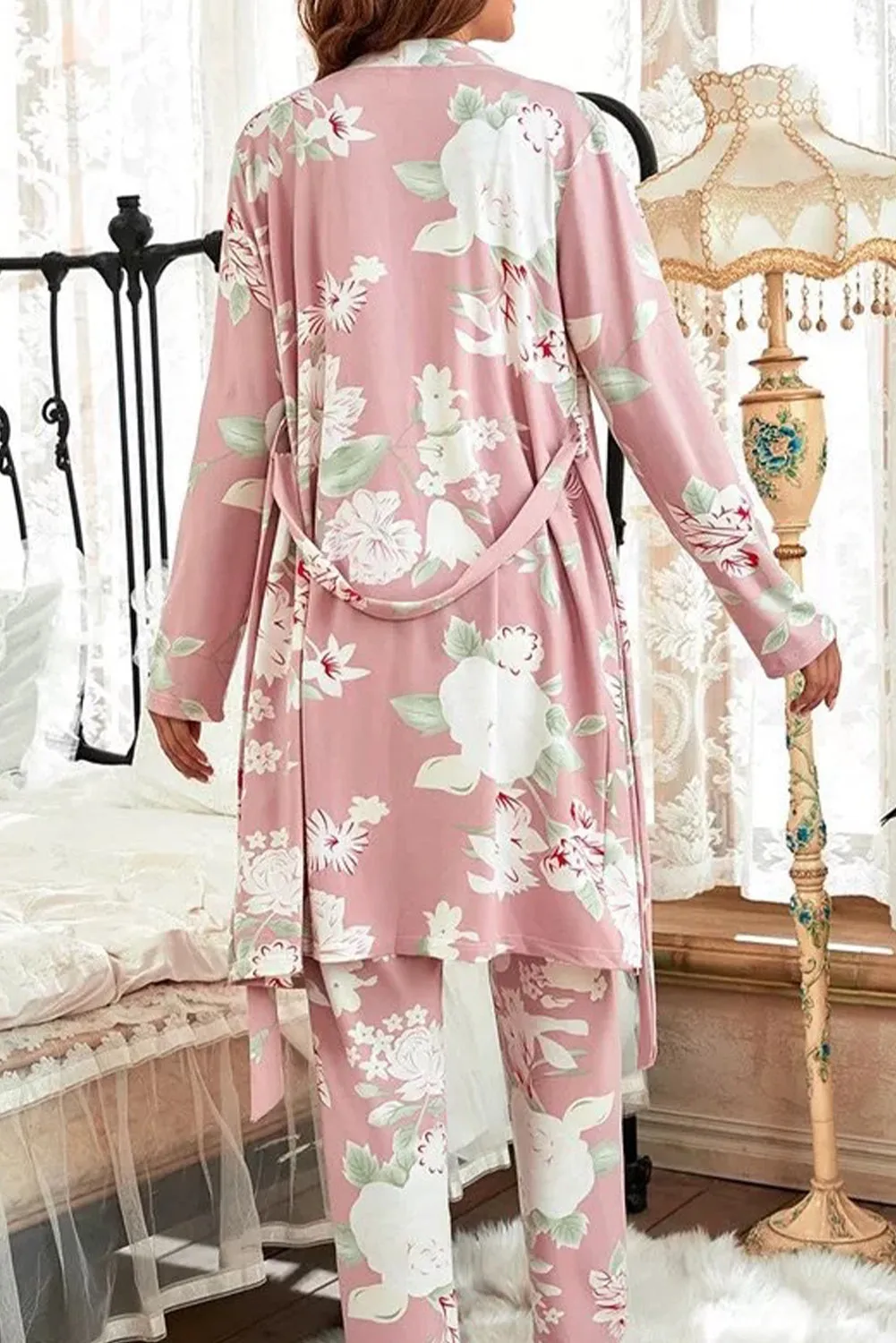 Pink Floral Print Camisole Top with Trousers and Belted Robe Pyjama Set sold by Beagle Boutique product image thumbnail 2