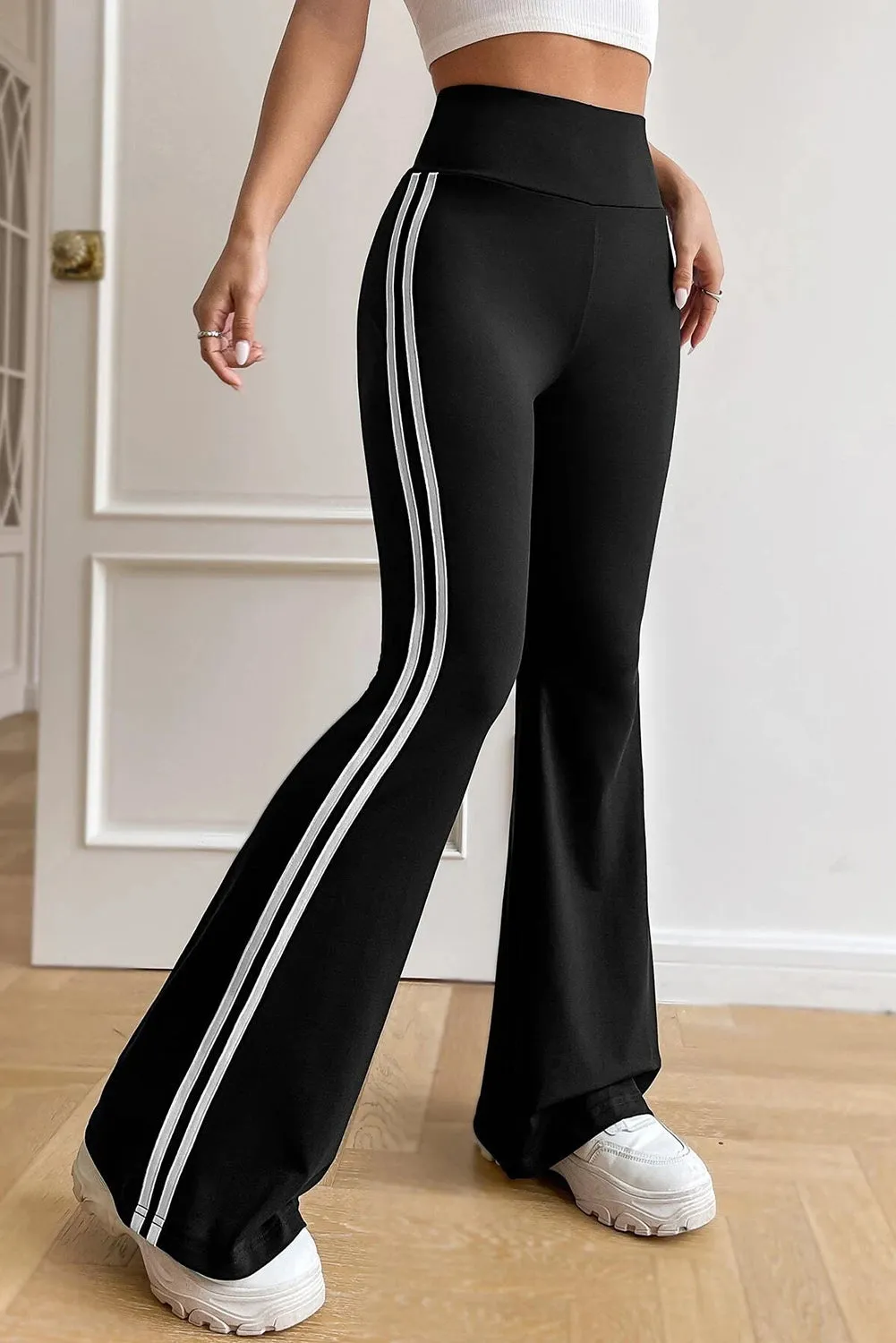 Black High Waist Striped Side Flare Pants sold by Beagle Boutique