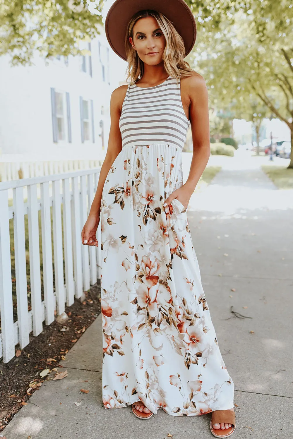 White Boho Stripes & Floral Print Floor Length Tank Dress sold by Beagle Boutique product image thumbnail 4