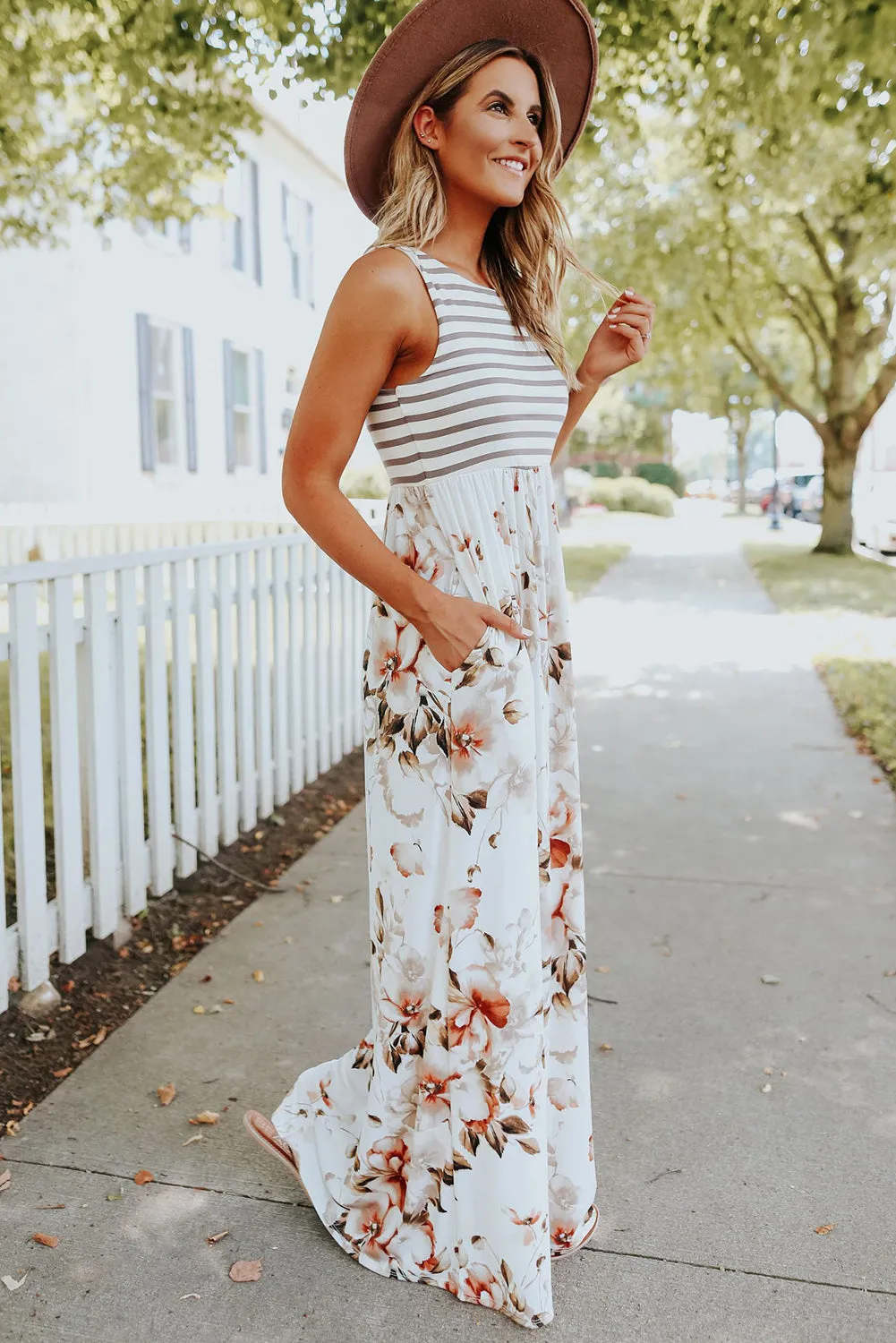 White Boho Stripes & Floral Print Floor Length Tank Dress sold by Beagle Boutique product image thumbnail 3