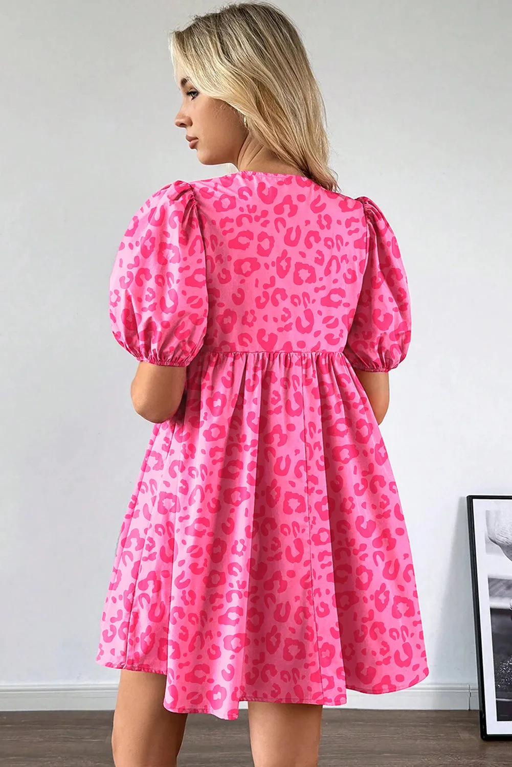Rose Leopard Puff Sleeve Tie Front High Waist Mini Dress sold by Beagle Boutique product image thumbnail 2