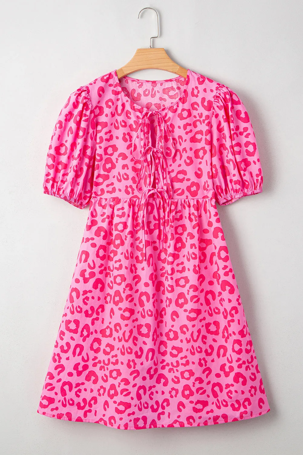 Rose Leopard Puff Sleeve Tie Front High Waist Mini Dress sold by Beagle Boutique product image thumbnail 3