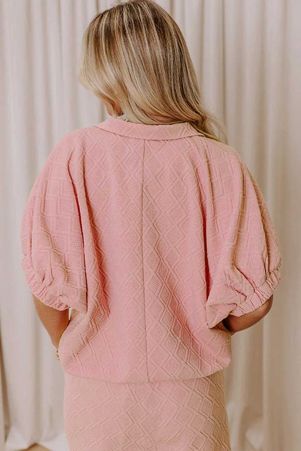 Light Pink Striped Collared Zip up Textured Skirt Set sold by Beagle Boutique product image thumbnail 2