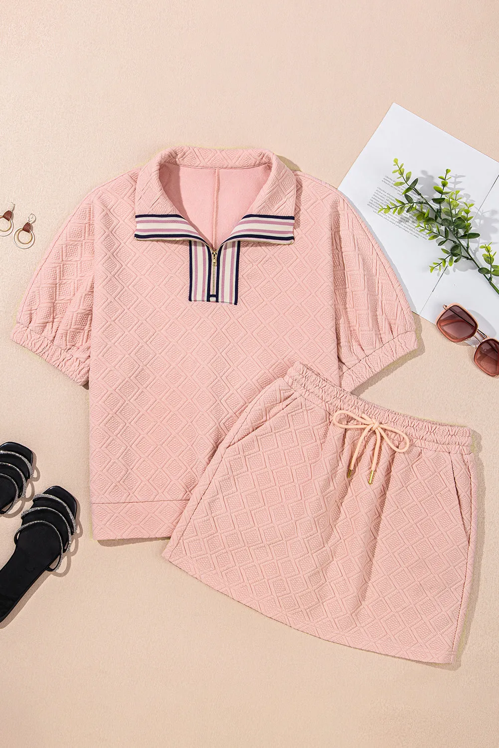 Light Pink Striped Collared Zip up Textured Skirt Set sold by Beagle Boutique product image thumbnail 4