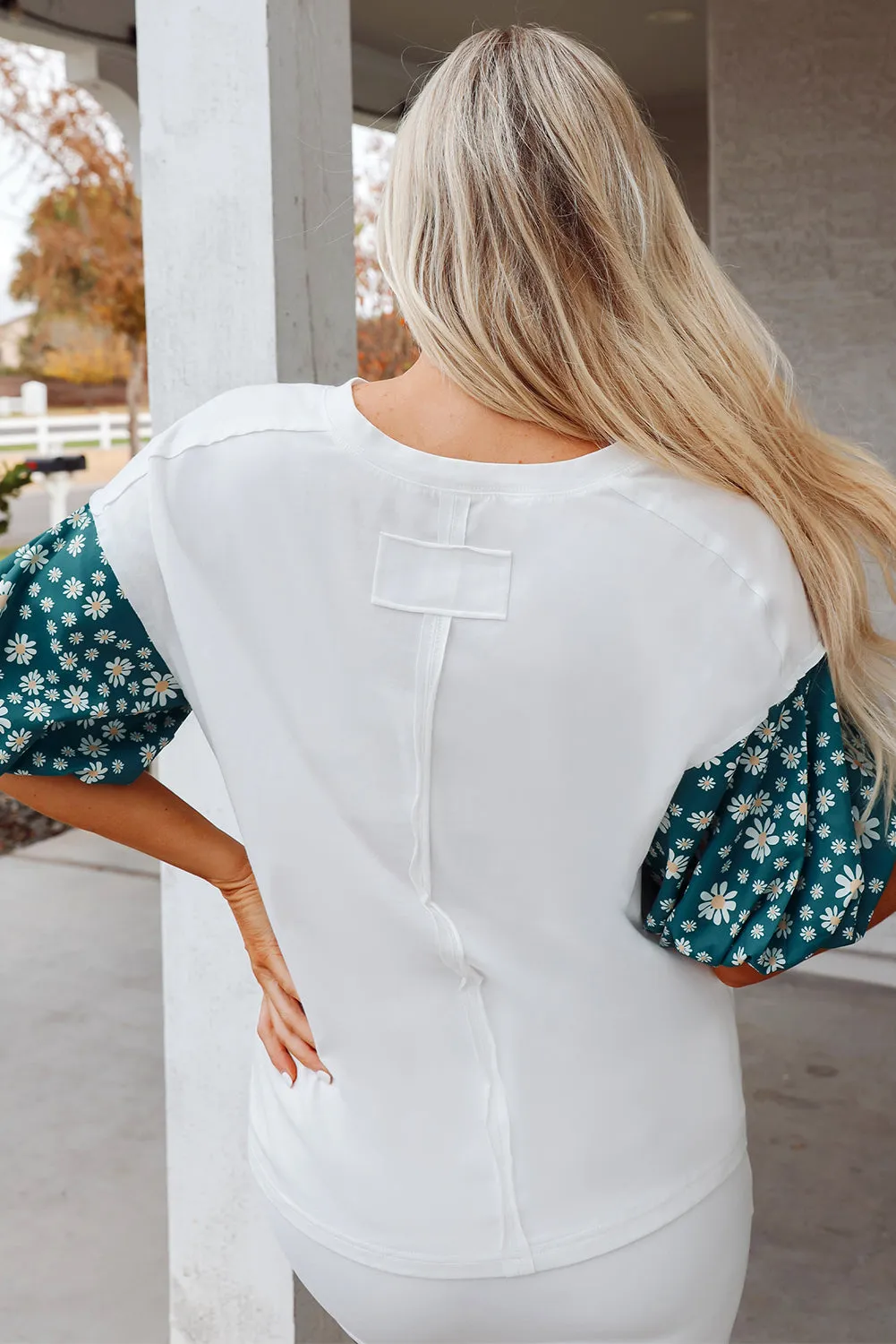 White Contrast Floral Puff Sleeve Oversized Top sold by Beagle Boutique product image thumbnail 2