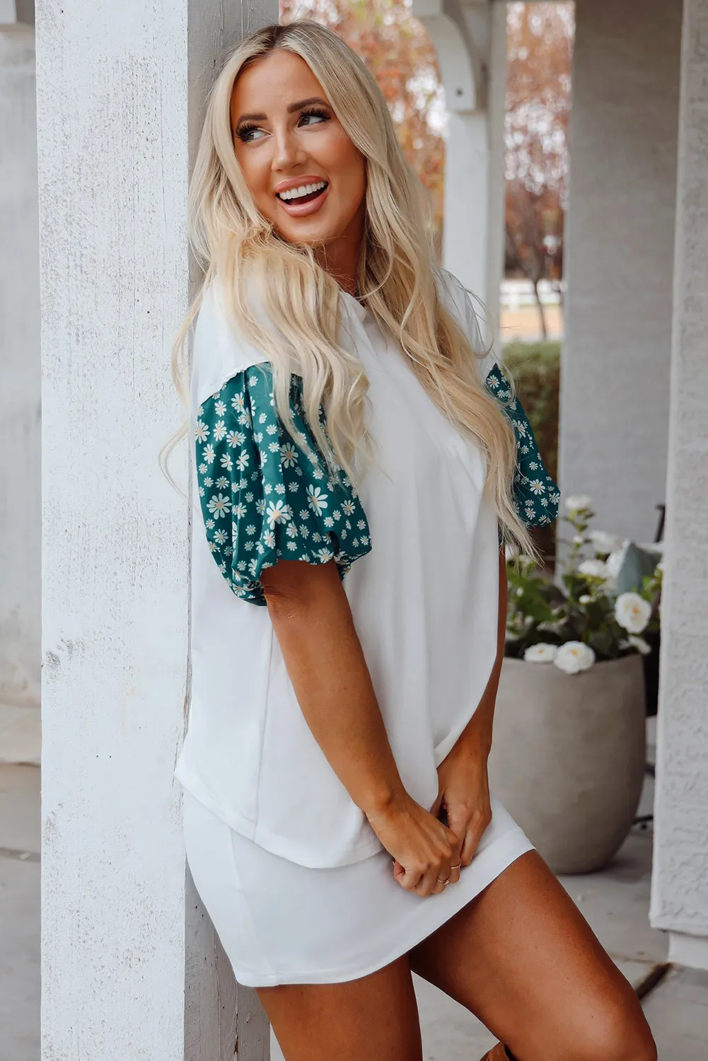 White Contrast Floral Puff Sleeve Oversized Top sold by Beagle Boutique product image thumbnail 3