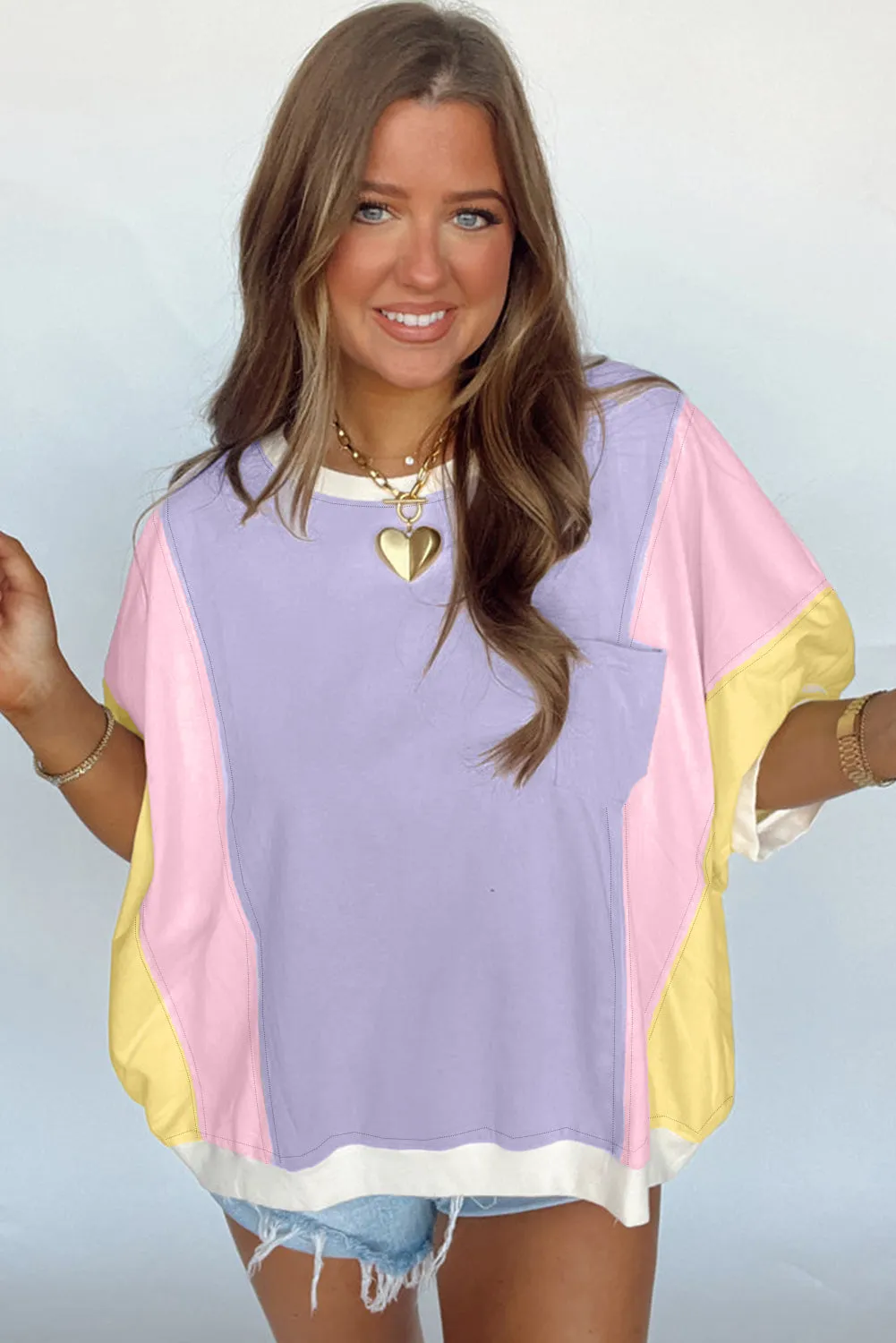 Purple Colour Block Patchwork Half Sleeve Oversized T Shirt sold by Beagle Boutique product image thumbnail 2