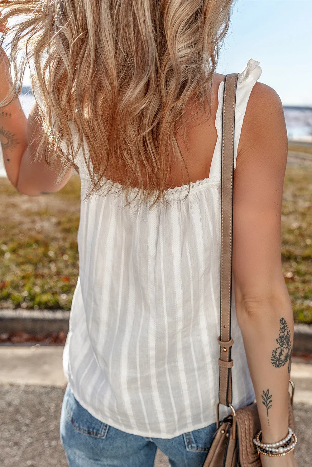 White Sheer Lace Crochet Ruffled Buttoned Loose Fit Top sold by Beagle Boutique product image thumbnail 2