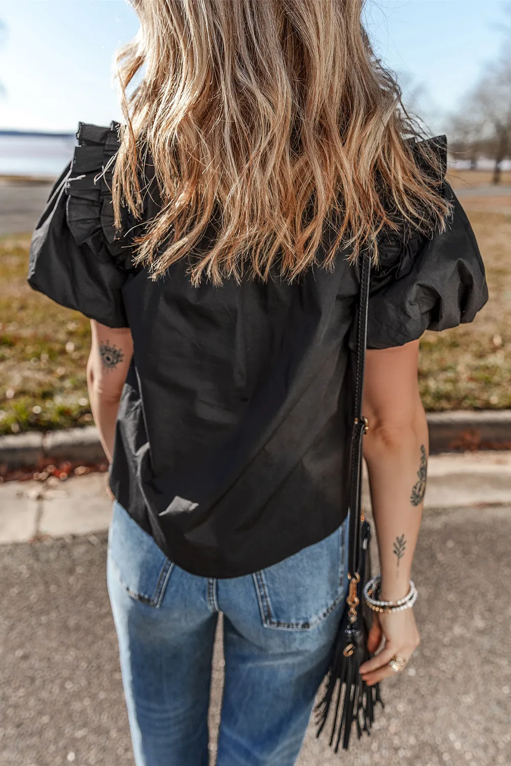 Black Ruffled Puff Short Sleeve Loose Blouse sold by Beagle Boutique product image thumbnail 2