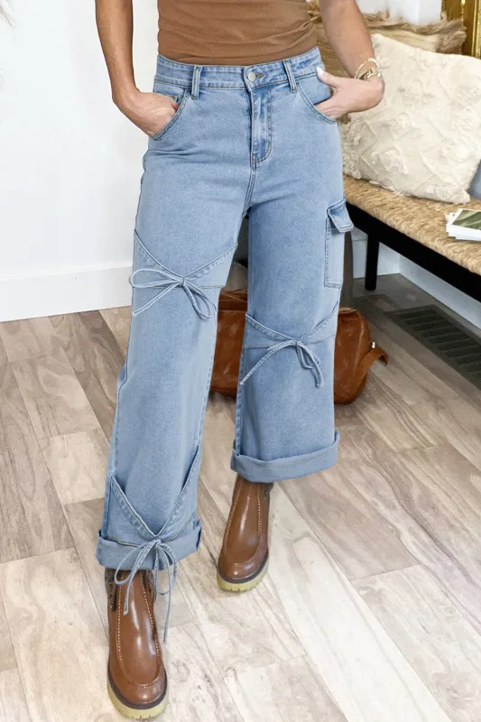 Beau Blue Bowknot Decor Boyfriend Cargo Jeans sold by Beagle Boutique