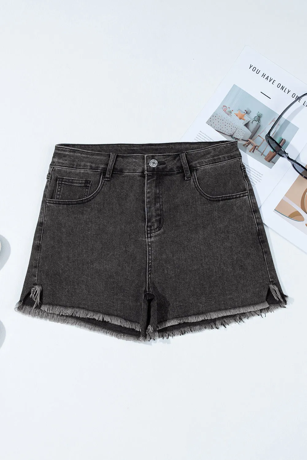 Carbon Grey Raw Hem High Waist Denim Shorts sold by Beagle Boutique product image thumbnail 3
