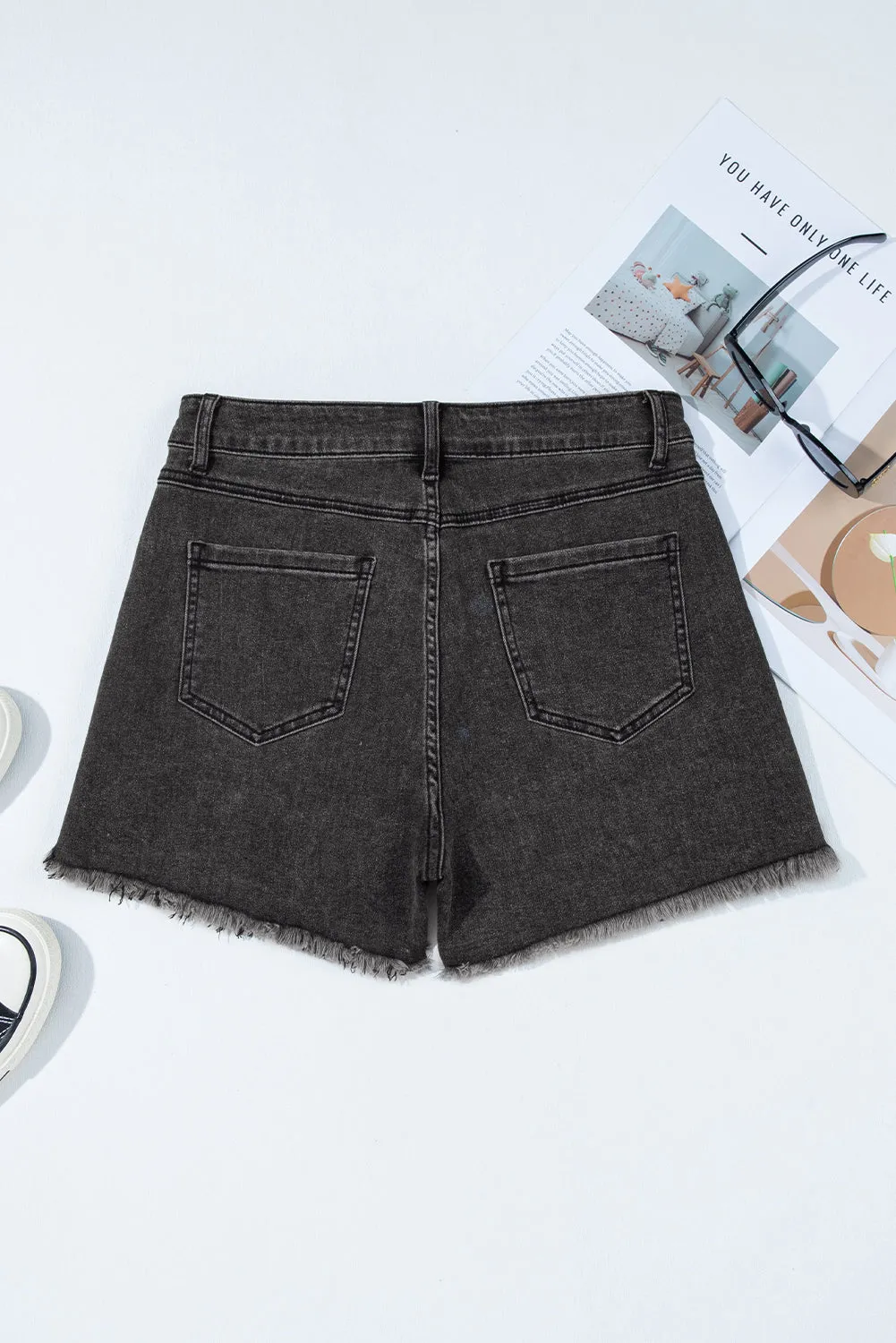Carbon Grey Raw Hem High Waist Denim Shorts sold by Beagle Boutique product image thumbnail 4
