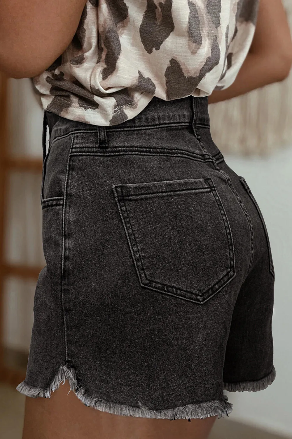 Carbon Grey Raw Hem High Waist Denim Shorts sold by Beagle Boutique product image thumbnail 2
