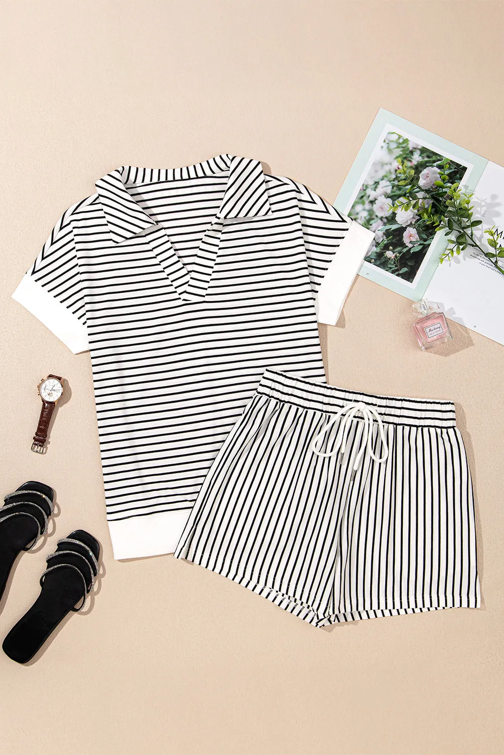 Black Stripe V Neck Tee and Casual Short Co-ord Set sold by Beagle Boutique product image thumbnail 4