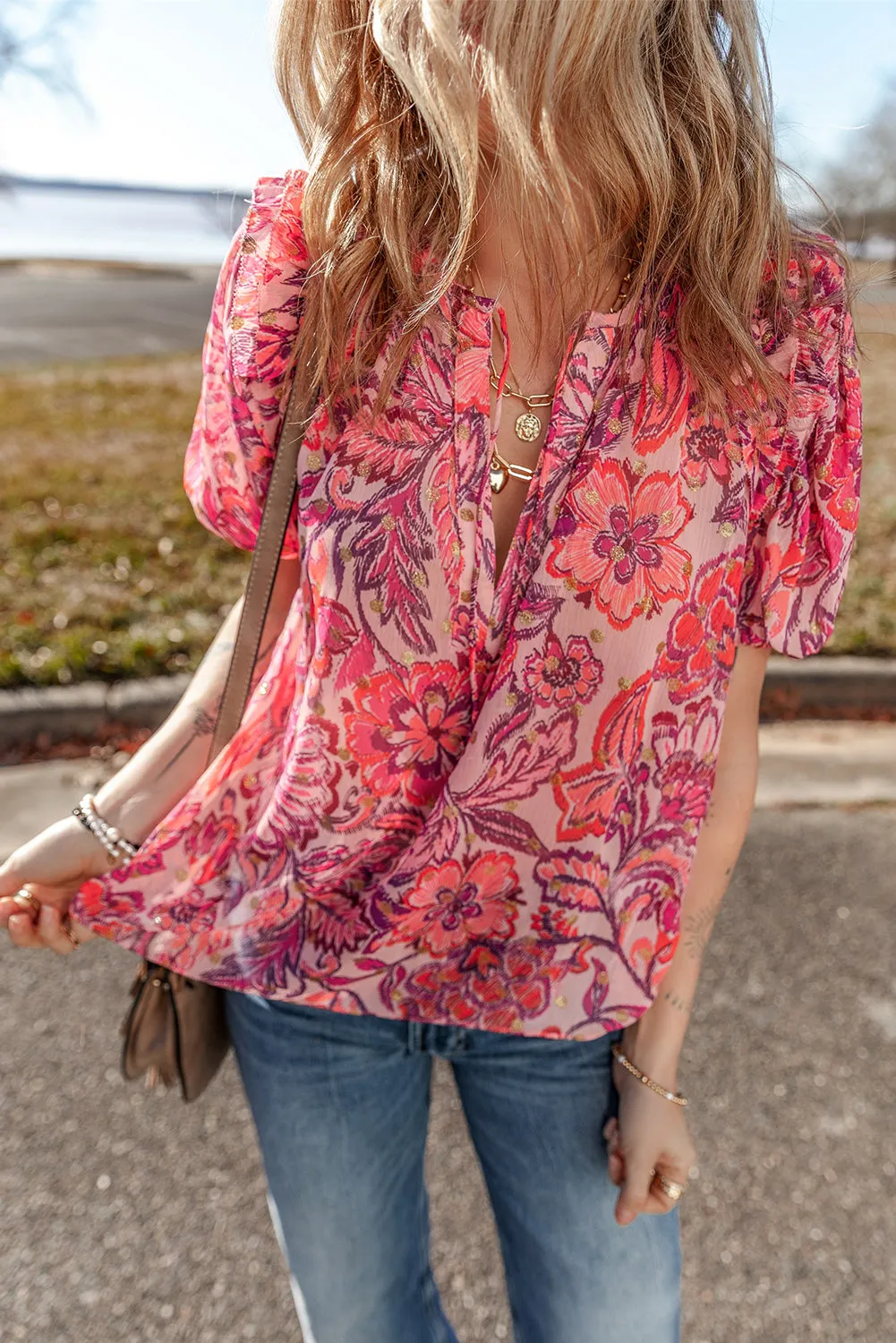 Red Floral Print Ruffled Puff Short Sleeve Blouse sold by Beagle Boutique product image thumbnail 3