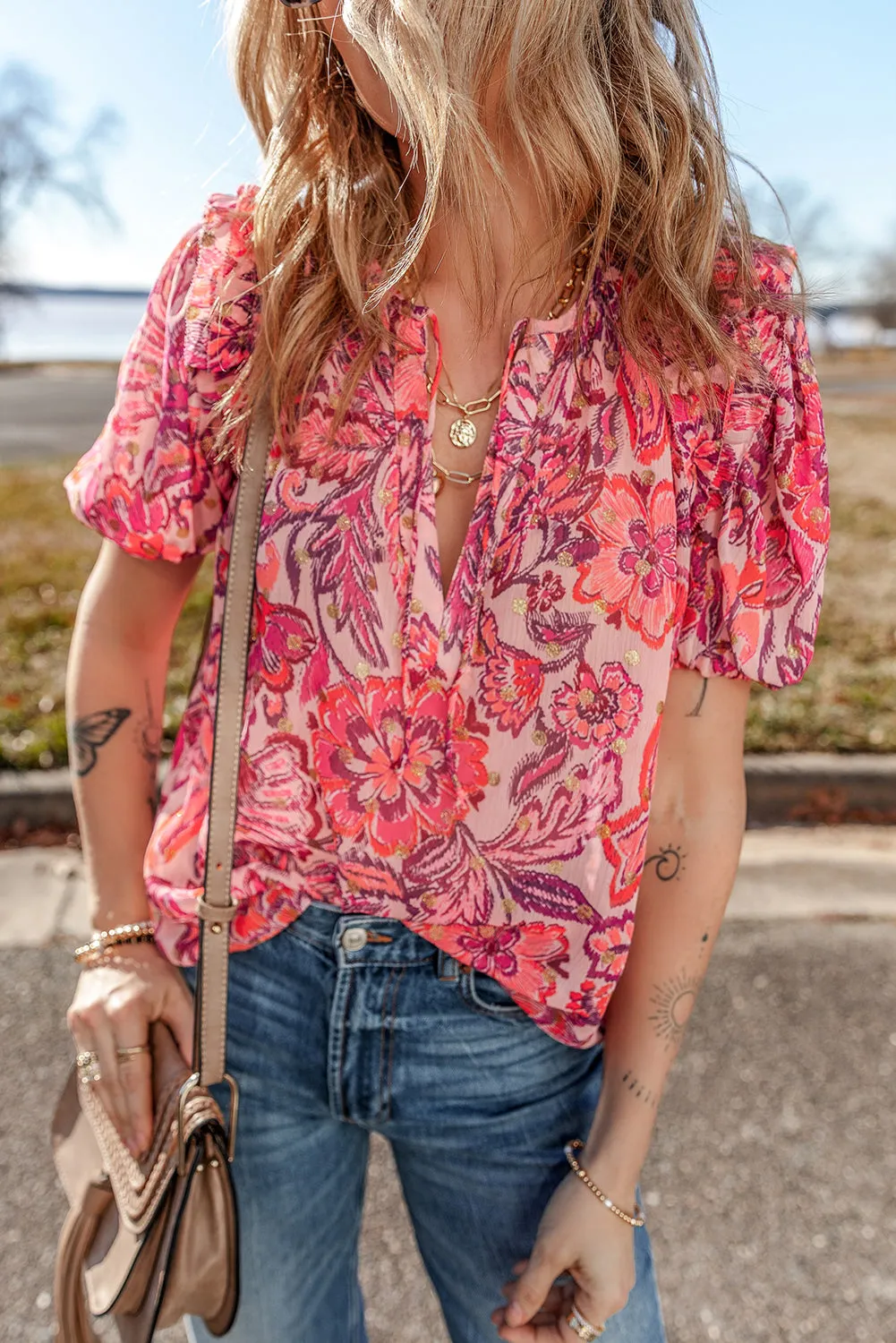Red Floral Print Ruffled Puff Short Sleeve Blouse sold by Beagle Boutique product image thumbnail 4