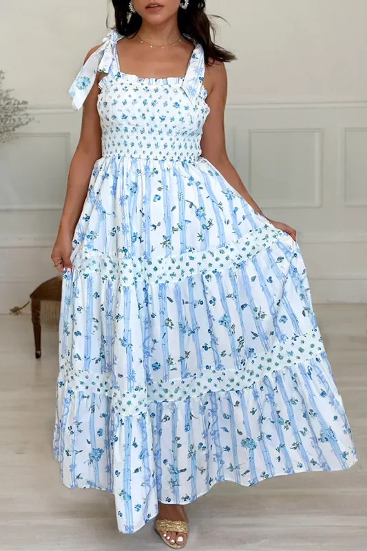Sky Blue Floral Smocked Tied Straps A-Lined Tiered Maxi Dress made by eAura
