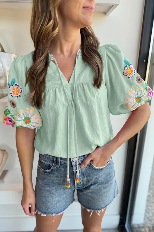 Floral Embroidered Puff Sleeve Split Neck Blouse sold by Beagle Boutique