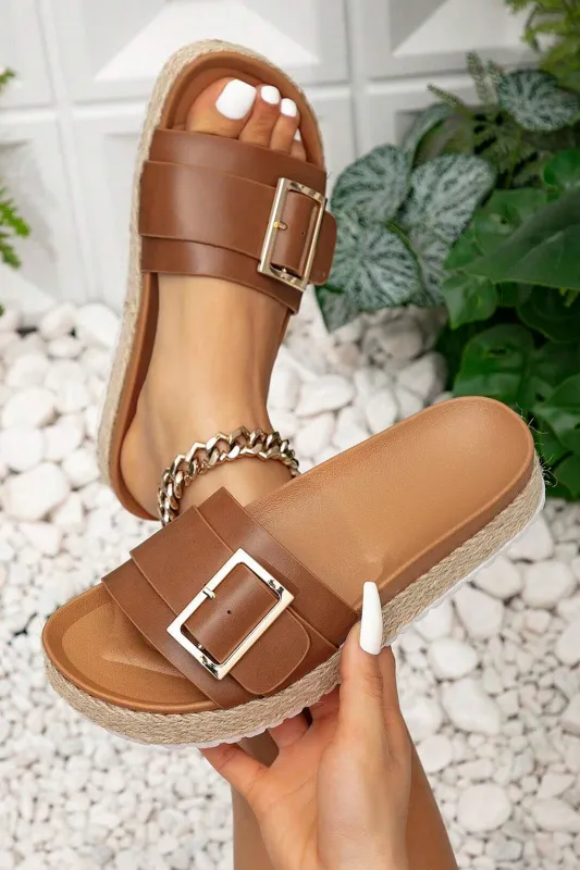 Chestnut Wide Band Buckle Thick Sole Sandals sold by Beagle Boutique