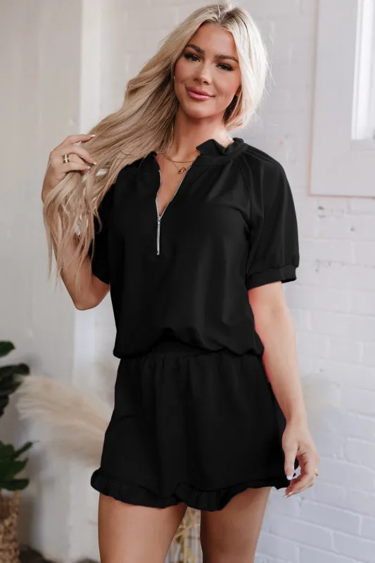 Black Half Zip Puff Sleeve Top and Ruffled Shorts Set sold by Beagle Boutique