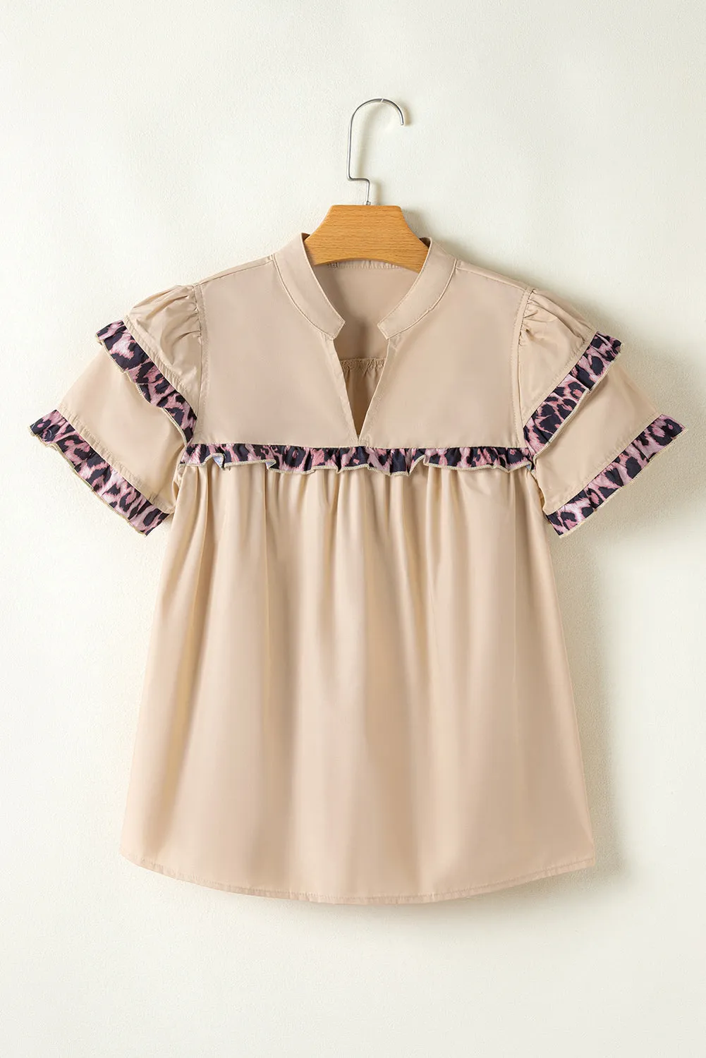 Smoke Grey Leopard Ruffles Trim Tiered Short Sleeve Blouse sold by Beagle Boutique product image thumbnail 5