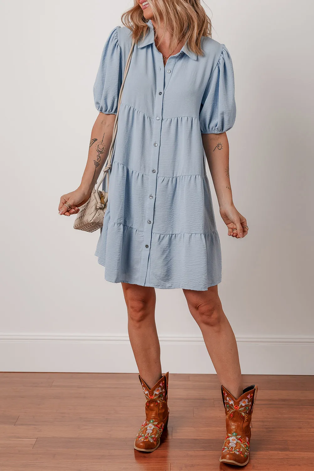 Beau Blue Shirt Collar Button Up Short Puff Sleeve Tiered Shift Dress sold by Beagle Boutique product image thumbnail 3