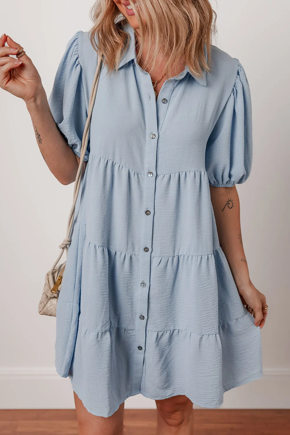 Beau Blue Shirt Collar Button Up Short Puff Sleeve Tiered Shift Dress sold by Beagle Boutique product image thumbnail 5