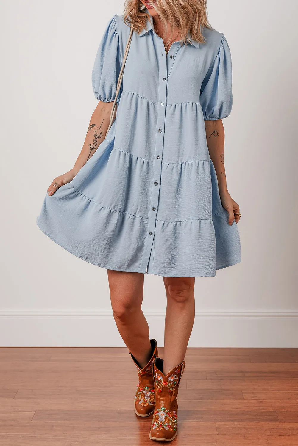 Beau Blue Shirt Collar Button Up Short Puff Sleeve Tiered Shift Dress sold by Beagle Boutique product image thumbnail 4